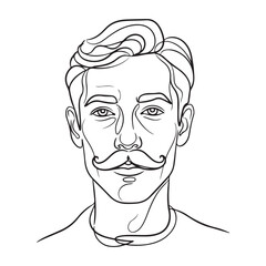 Minimalist black and white line art illustration of a man's head with a stylish mustache and coiffed hair, a vector drawing.