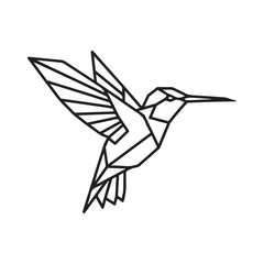 Stylized geometric hummingbird vector illustration, a modern minimalist line art outline of a bird in flight on white background.