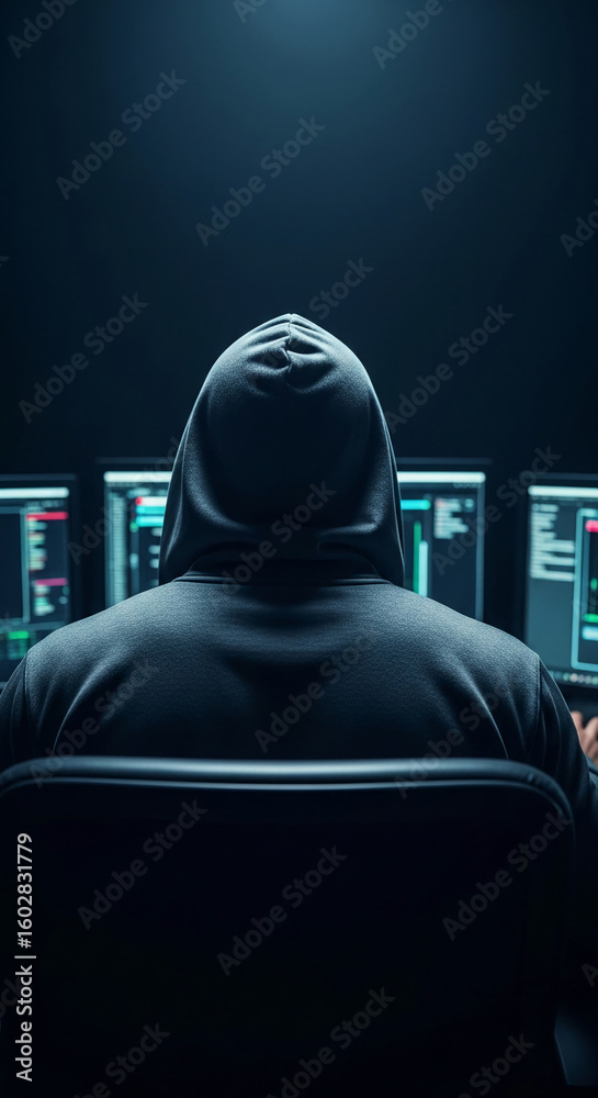 Poster hooded figure seated before multiple computer screens, dark background, showcasing anonymity and dig