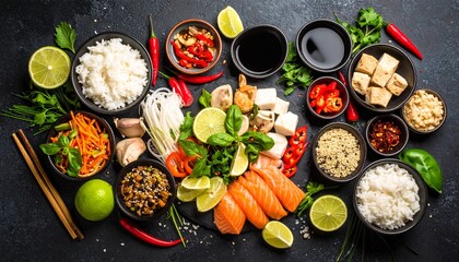 A vibrant arrangement of fresh Asian cuisine ingredients on a rustic stone surface, full of color.