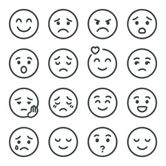 Expressive emotion icon collection: simple linear faces. happy, sad, angry, love, confused vector icons