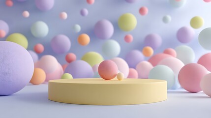 A pastel easter egg display with a yellow pedestal and soft bokeh background