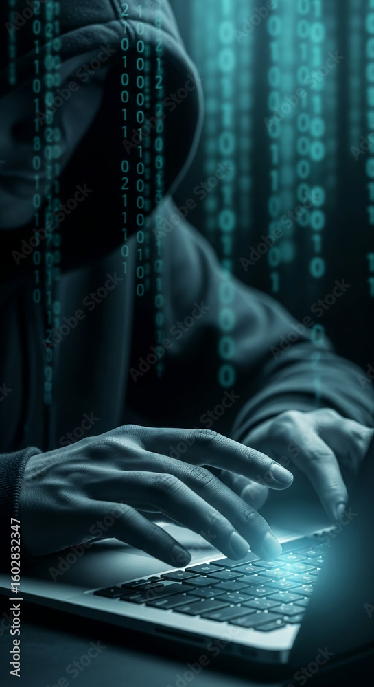Canvas Prints hooded figure's hands typing on laptop keyboard, binary code background, suggesting digital activity