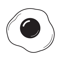 Black and white vector illustration of a simple fried egg with a dark yolk, isolated on white background, food concept.