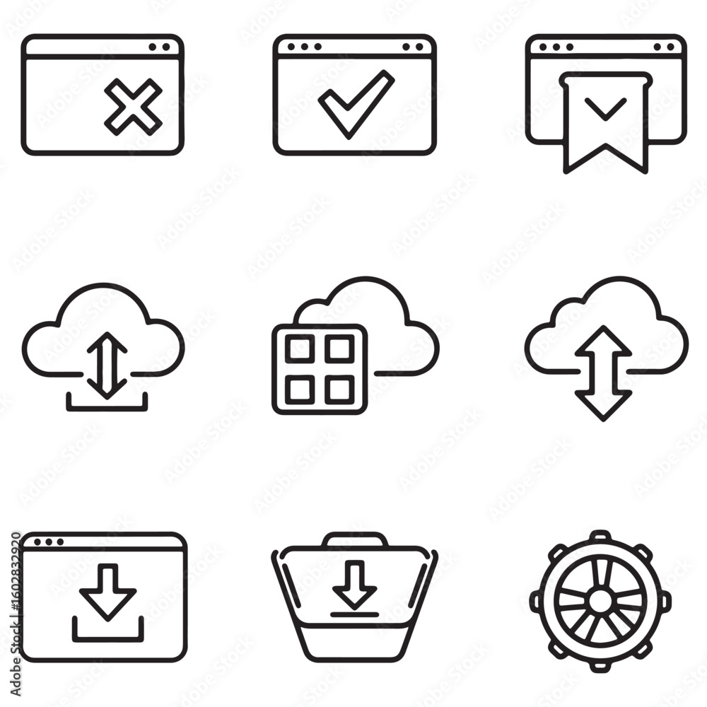 Poster collection of minimalist line art icons representing web interface design elements