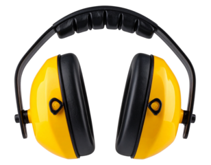  Classic Yellow Ear Defenders with Black Headband, Front-Facing View, Isolated on Transparent Background