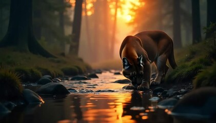 Mountain lion drinking from a clear stream