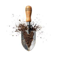 A shovel filled with soil surrounded by dirt particles on a black background studio shot top view