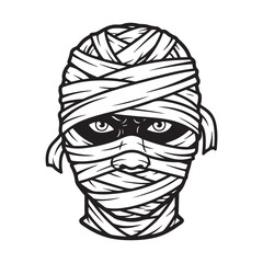 Black and white mummy head illustration, featuring a bandaged face with visible eyes and nose, perfect for Halloween or ancient themes.