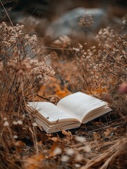 An open book rests amidst dried autumnal foliage and grasses, its pages blank, inviting quiet contemplation in a natural setting