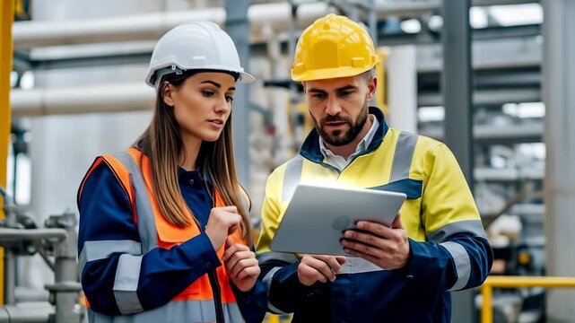 Industrial worker engineer safety teamwork construction factory uniform helmet tablet inspection and discussion modern facility, two industrial workers and engineers safety helmets and reflective