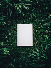 A blank, white book rests on lush, dark green grass and small white flowers, creating a tranquil, natural scene
