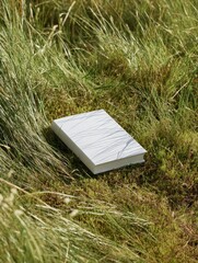 A white, marble-patterned notebook rests in a bed of tall green grass and moss, bathed in natural light.  The book's cover subtly reflects the surrounding greenery