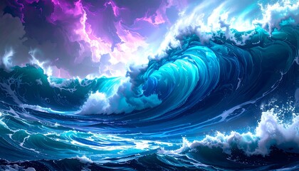 Powerful ocean waves under dramatic sky