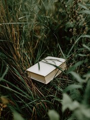 A cream-colored hardcover book rests nestled within tall, lush green grasses and foliage, partially obscured by the surrounding vegetation