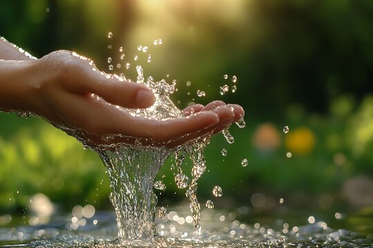 Sparkling Water Splashing from Woman's Hands with Blurred Greenery Background Sunlight Streaming