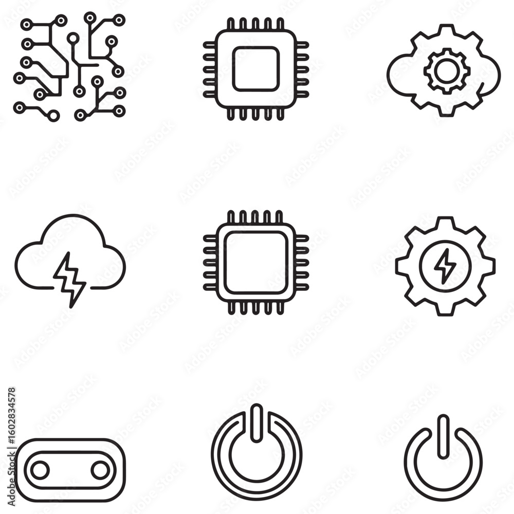 Fototapete collection of modern black and white technology icons for data and computing concepts