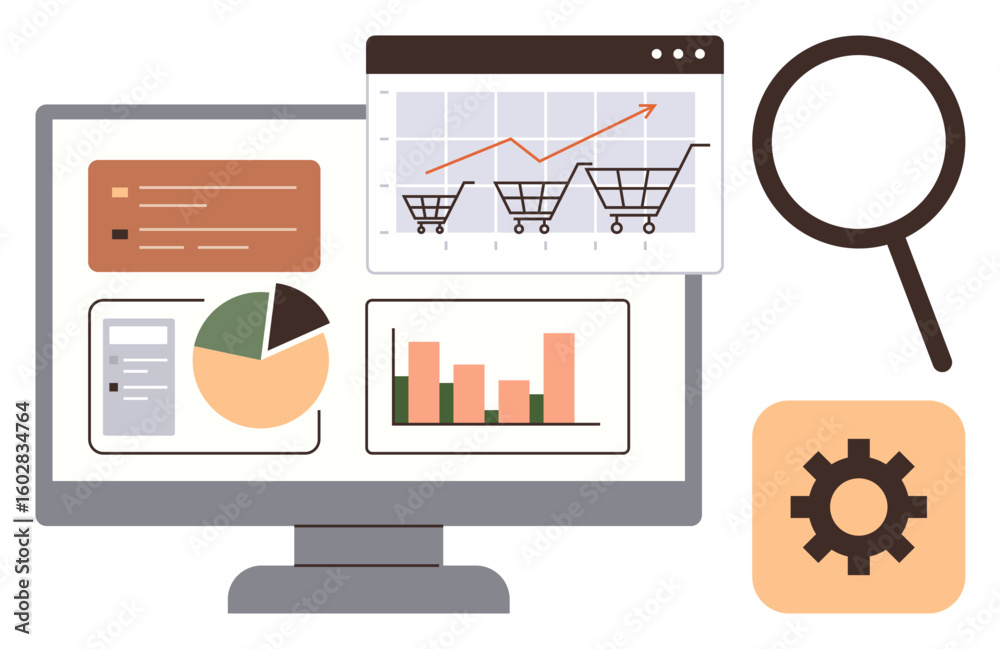 Poster computer monitor displaying graphs, pie chart, shopping cart analytics. adjacent browser chart, magn