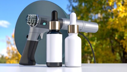 Modern beauty products displayed outdoors