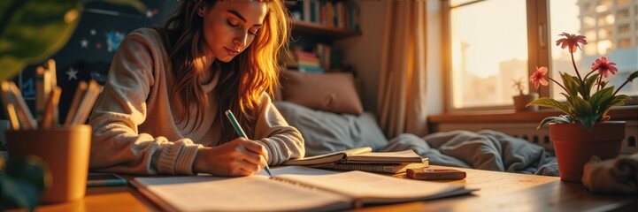 A young woman writes in her notebook by a sunlit window, surrounded by plants and a cozy atmosphere, perfect for creative and educational themes.
