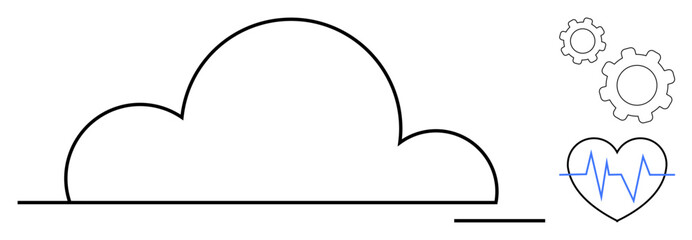 Cloud outline, heartbeat graph inside heart icon, and two gear icons represent cloud computing, health monitoring, data analysis, connectivity, system optimization, innovation, simple landing page