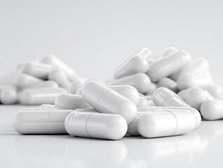 Pile of white pill capsules, vitamin supplement pills or medicine on white table.