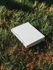 A blank, off-white hardcover book rests in vibrant green grass, bathed in sunlight; a simple, serene scene suggesting peace and quiet