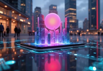 A futuristic cityscape with glowing elements, showcasing innovation and technology. Perfect for digital marketing, tech startups, and urban development themes.