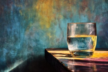 Glass of water half full on colorful table with artistic backdrop view