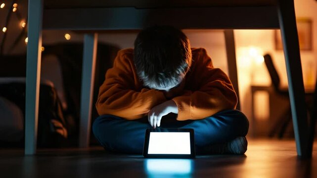 A child hides under a desk, illuminated by a tablet, symbolizing the impact of cyberbullying and emotional distress.