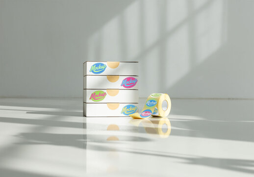 A stack of cardboard boxes sits on a reflective surface, accompanied by a roll of tape, preparing for delivery in a bright space. PSD template mockup of cardboard boxes and roll of tape
