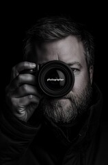 A man with his finger in the eye of an open camera, the lens is broken and ripped by hand. The person has black hair and a short beard. In front, there's "photographer" text on top of it. Black and wh
