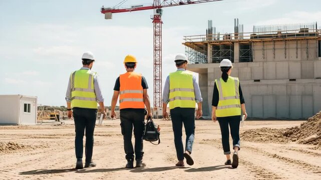A diverse team of construction workers in hard hats and highvisibility vests walk across a busy construction site with a crane in the background