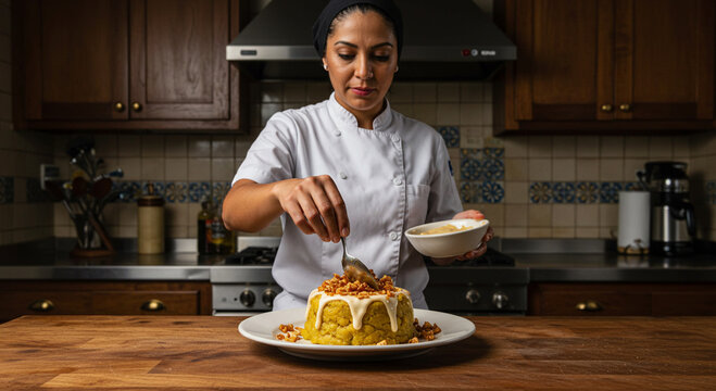 Culinary craftsmanship in action, a professional female chef meticulously garnishing a gourmet dish in a classic kitchen