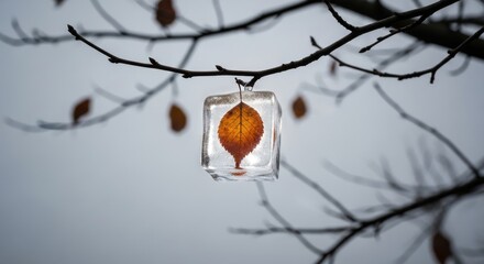 Frozen leaf in a block of ice hanging from a tree branch in the winter time