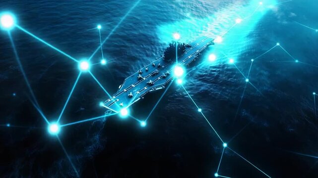 A modern aircraft carrier navigates the ocean alongside destroyers, showcasing advanced digital battlefield communication.