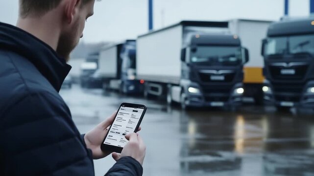 A logistics manager uses a smartphone to track fleet vehicles via GPS, ensuring efficient operations amidst a bustling yard.