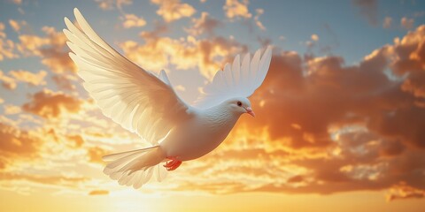 Fototapeta premium Dove flying with wings spread wide in a sunset sky.