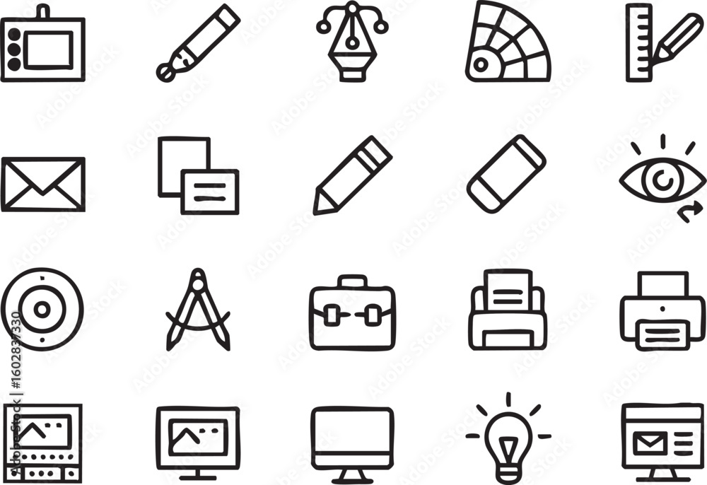 Fototapete Graphic design and creative process line icon set featuring tools equipment and elements for digital and print design