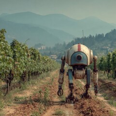 Futuristic Walking Vineyard Robot Conducting Soil Analysis

