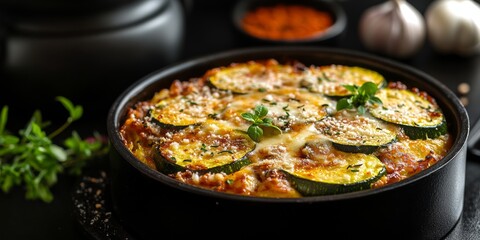 A delicious vegetarian zucchini pizza pie, ready to be served. It's a healthy and easy-to-make meal that can be enjoyed by the whole family.