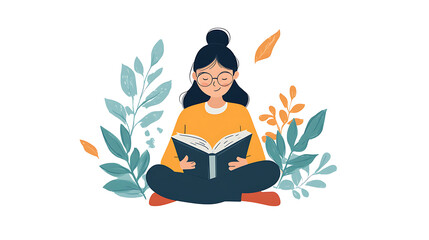 Fototapeta na wymiar Calm young woman with glasses sitting cross legged reading book surrounded by colorful leaves and plants in peaceful setting