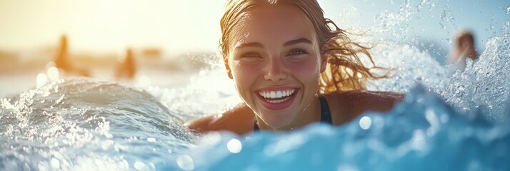 A young woman enjoying a swim in the ocean at sunset, wearing a black wetsuit. Her face is lit up with a smile as she enjoys her water sport activity.