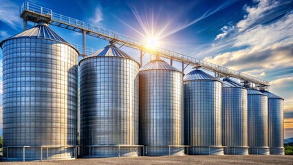 Obraz premium Modern agricultural storage facility showcasing sleek metallic silos under a vibrant sunset sky