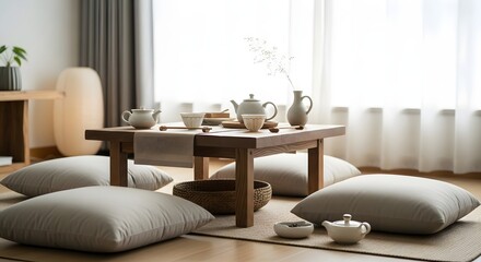 Experience mindful living with a traditional tea ceremony setup in a bright, serene, modern Japanese home