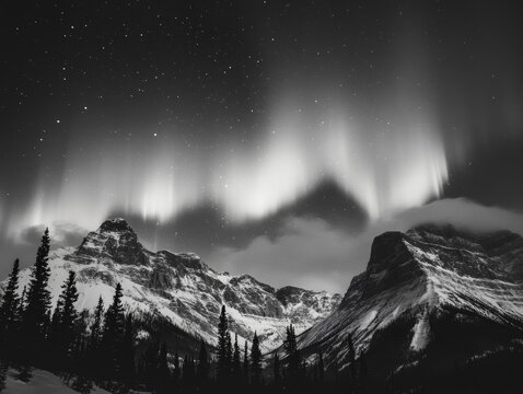Northern Lights cascading over majestic mountain range under a clear night sky. Photographed from a remote, light-pollution free location.