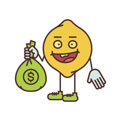 Lemon character half turn holding bag with money and smiling