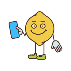Lemon character half turn holding smartphone and smiling