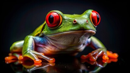 Close-up of a vibrant green amphibian with striking red eyes, perched on a reflective surface against a dark background