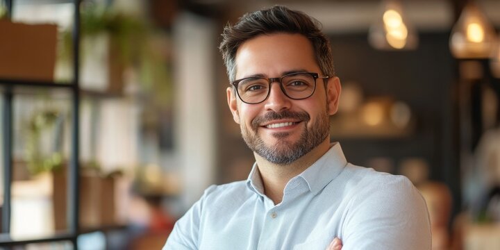Man in glasses smiling in coffee shop, wearing business casual attire. Modern setting with plants and stylish decor.